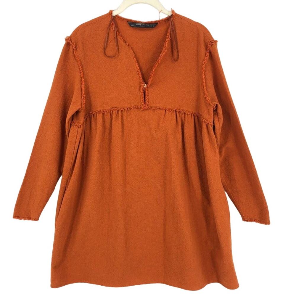 Zara Trafaluc Woven Tunic Top Women Medium Orange Pockets Long Sleeve Boho